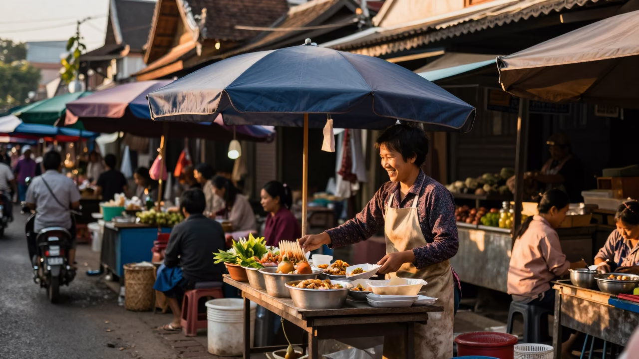 Golden Hour Street Scene in Chiang Mai Thailand with Traditional Market Elements in in Chiang Mai, Thailand