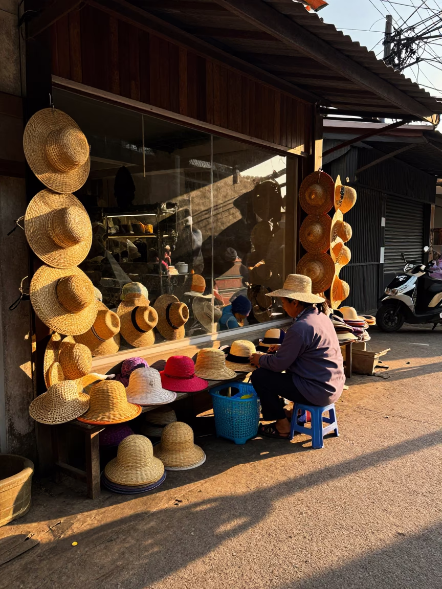 Golden Hour Street Scene in Chiang Mai Thailand with Wicker Shadow and Sun Hats in in Chiang Mai, Thailand