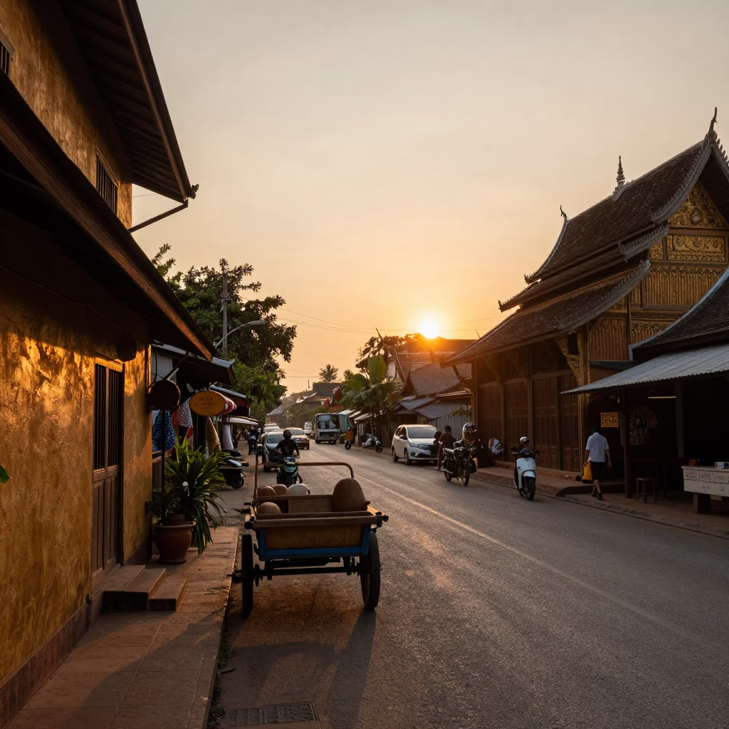 Golden Hour Street Scene in Chiang Mai with Wooden Cart and Local Vendor in in Chiang Mai, Thailand