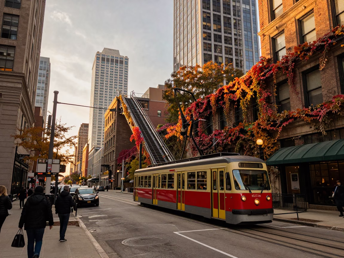 Golden Hour Street Scene in Chicago Illinois with Funicular and Autumn Vines in in Chicago, Illinois, United States