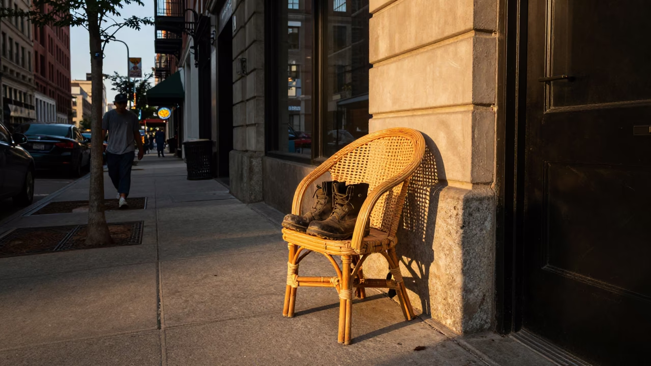 Golden Hour Street Scene in Chicago Illinois with Rattan Chair and Tree in in Chicago, Illinois, United States