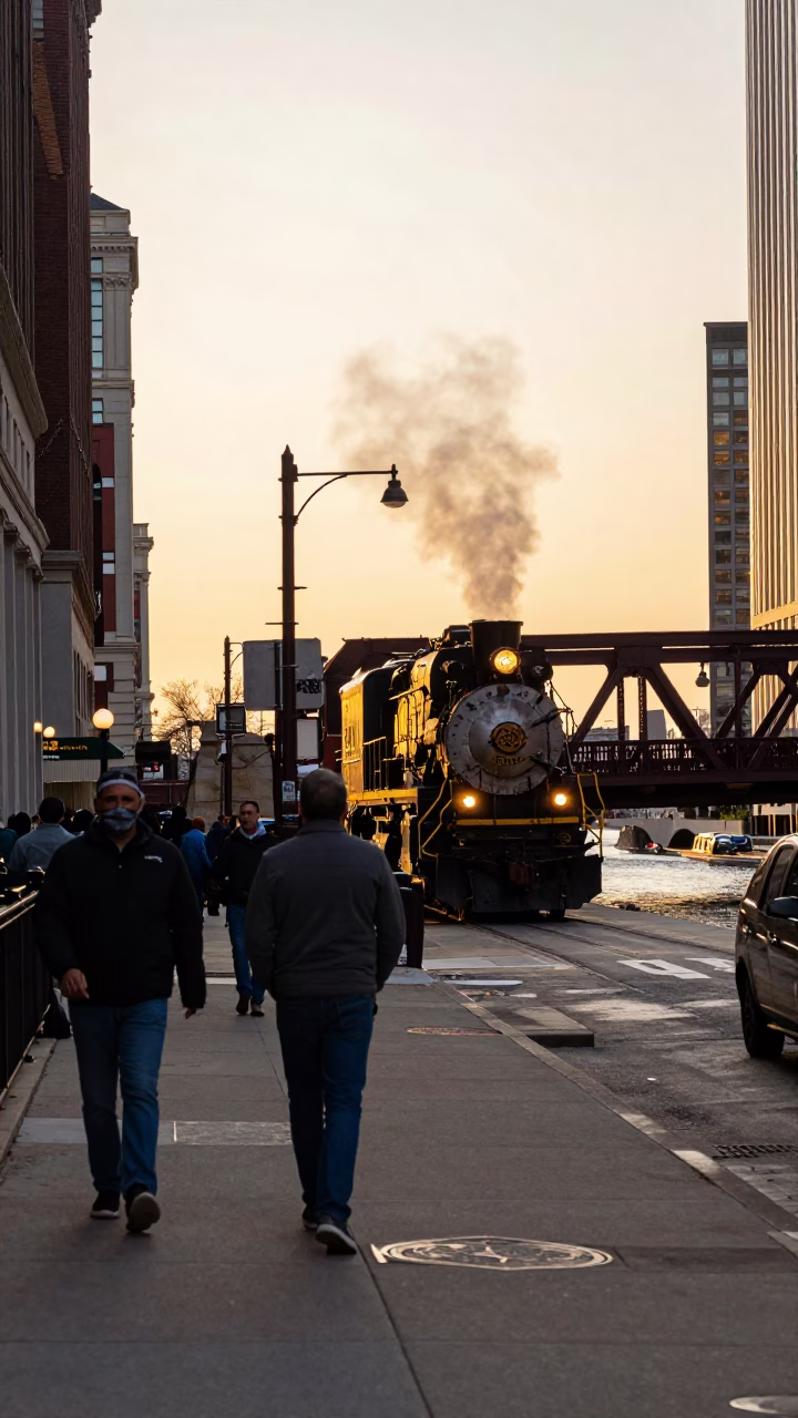 Golden Hour Street Scene in Chicago Illinois with Steam Locomotive Crossing Bridge in in Chicago, Illinois, United States
