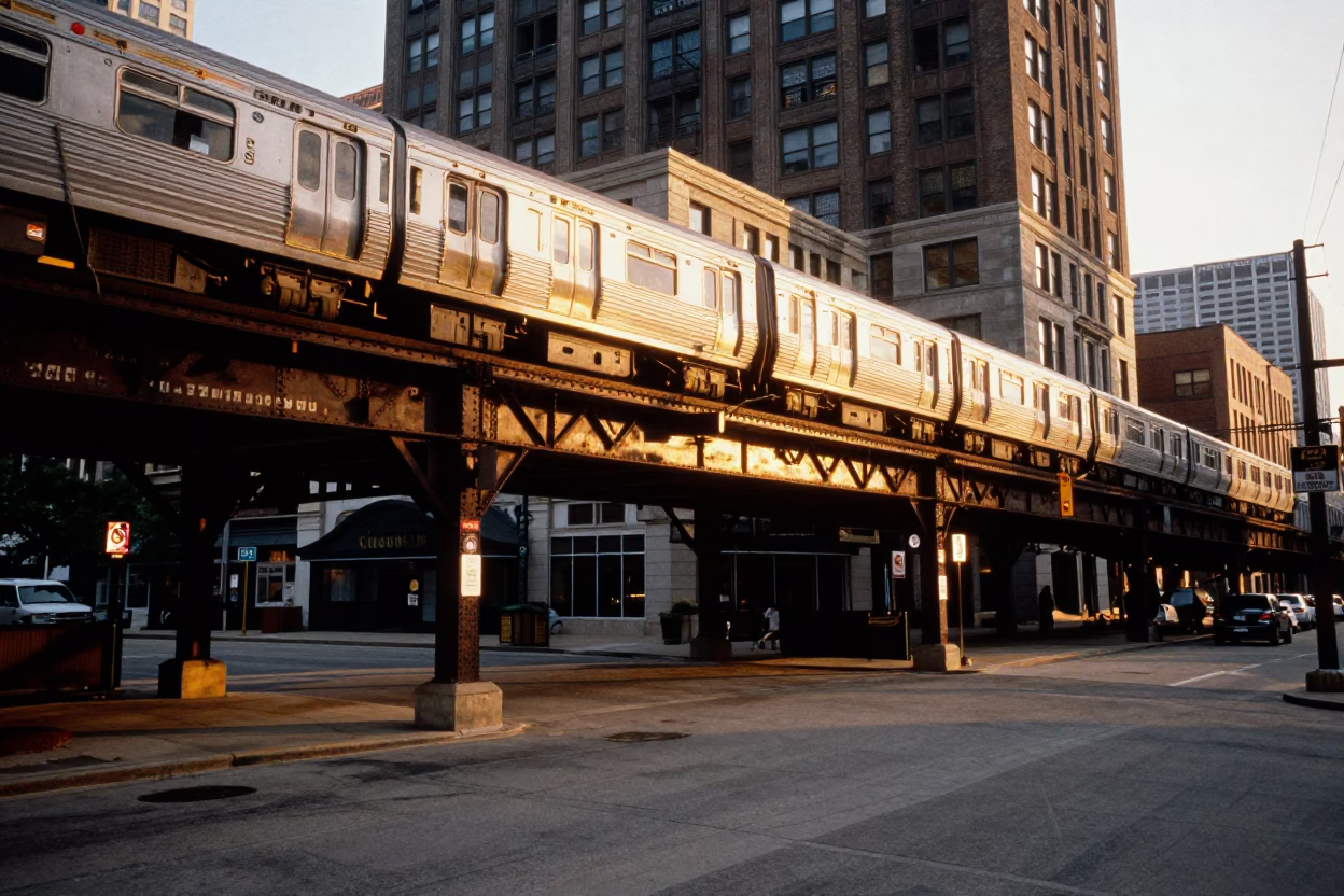 Golden Hour Street Scene in Chicago Illinois with Vintage Commuter Train and Urban Architecture in in Chicago, Illinois, United States