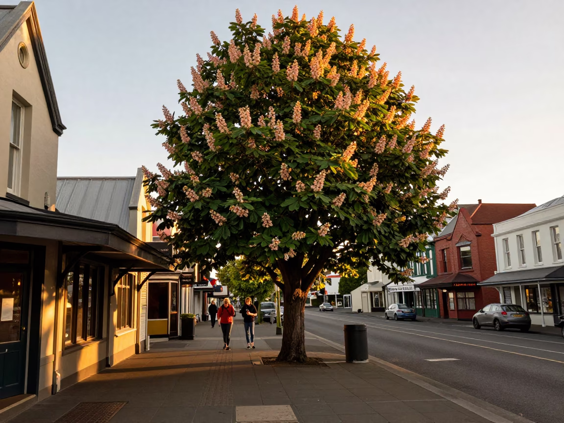Golden Hour Street Scene in Christchurch New Zealand with Chestnut Tree and Local Pedestrian in in Christchurch, New Zealand