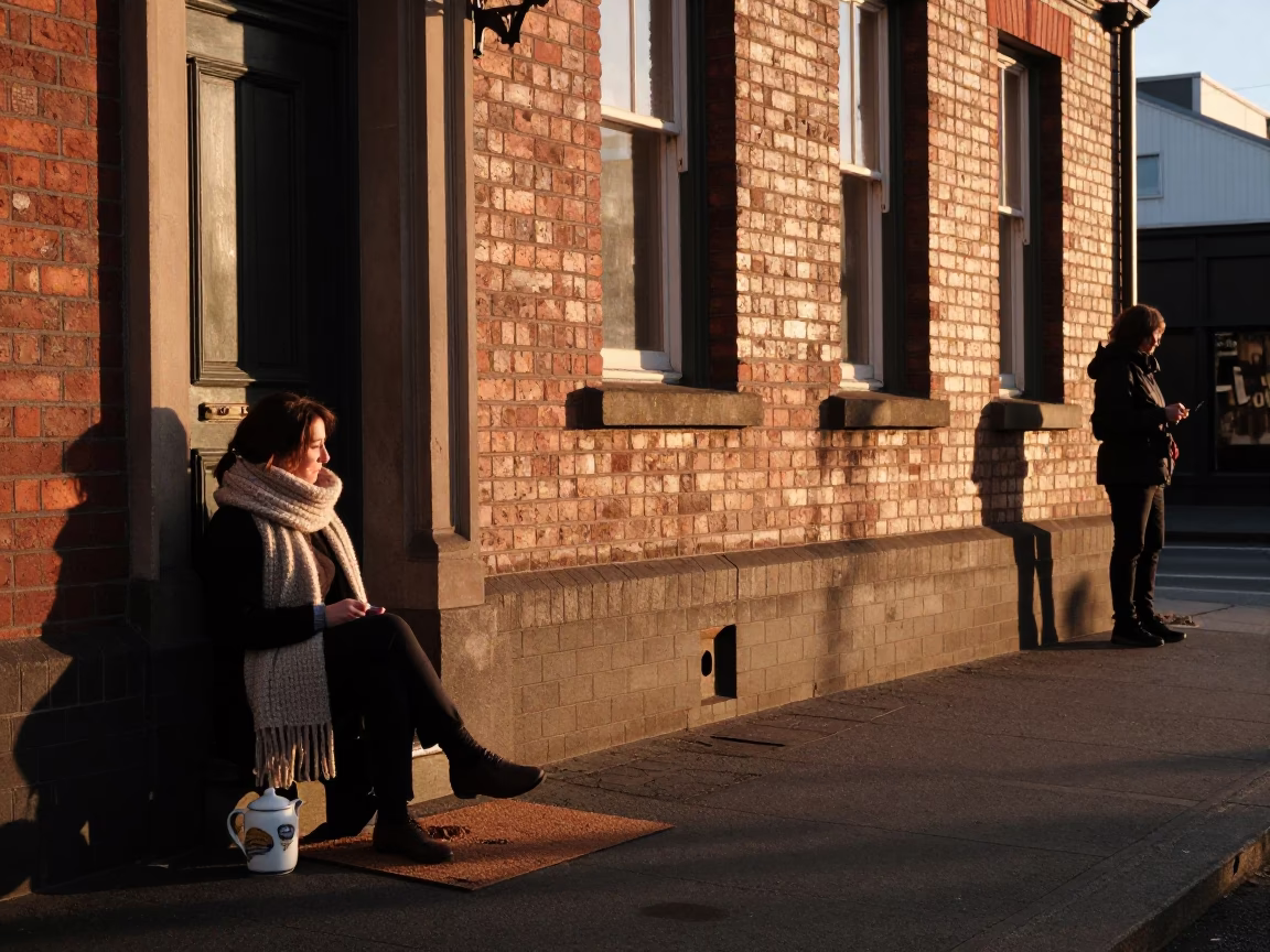 Golden Hour Street Scene in Christchurch New Zealand with Doormat and Tea Canister in in Christchurch, New Zealand