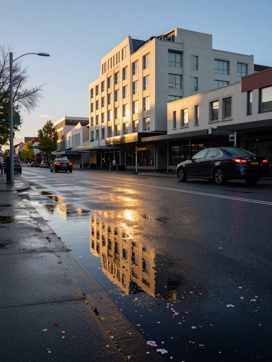 Golden Hour Street Scene in Christchurch New Zealand with Fallen Petals and Puddle Reflections in in Christchurch, New Zealand