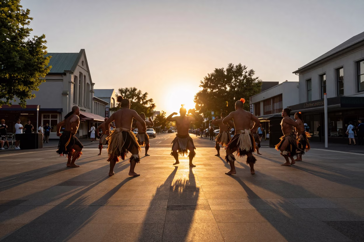 Golden hour street scene in Christchurch New Zealand with Maori haka performance on stage in in Christchurch, New Zealand