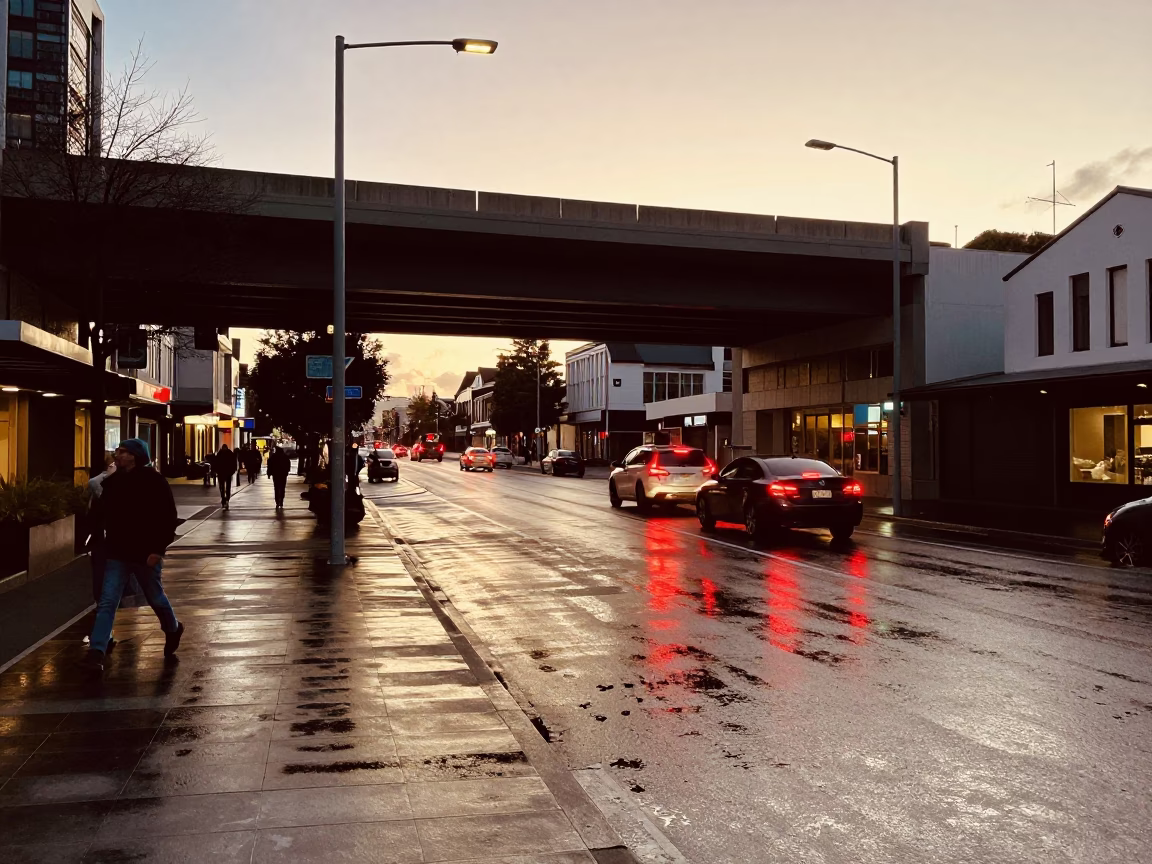 Golden Hour Street Scene in Christchurch New Zealand with Overpass Taillights in in Christchurch, New Zealand