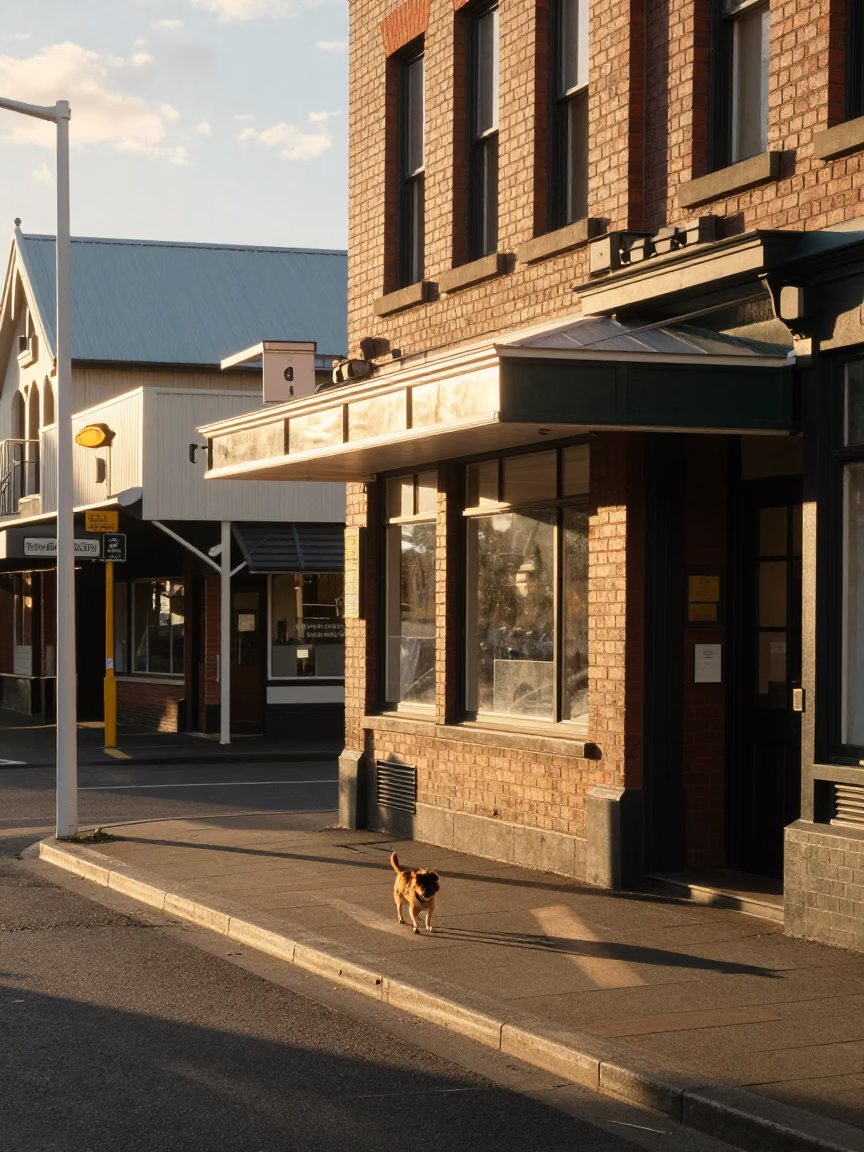 Golden Hour Street Scene in Christchurch New Zealand with Small Dog and Vintage Details in in Christchurch, New Zealand