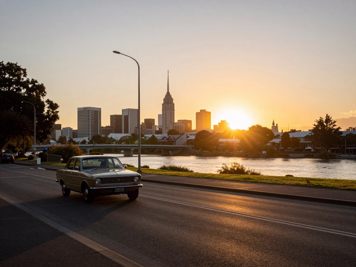 Golden Hour Street Scene in Christchurch New Zealand with Vintage Car and Urban Architecture in in Christchurch, New Zealand