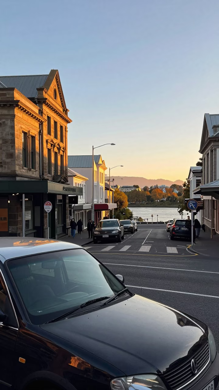 Golden Hour Street Scene in Christchurch New Zealand with Vintage Car Reflections in in Christchurch, New Zealand