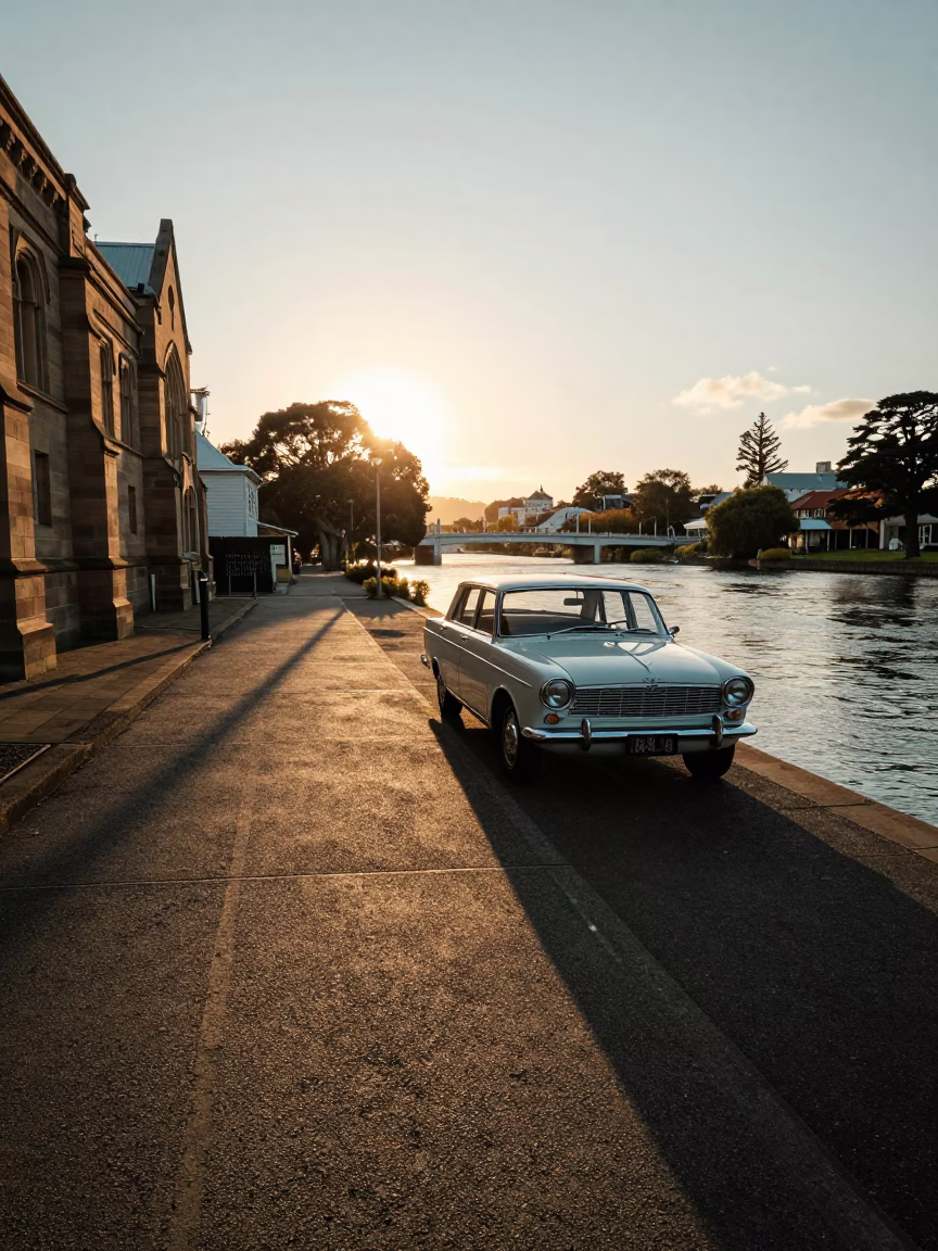 Golden Hour Street Scene in Christchurch New Zealand with Vintage Details in in Christchurch, New Zealand