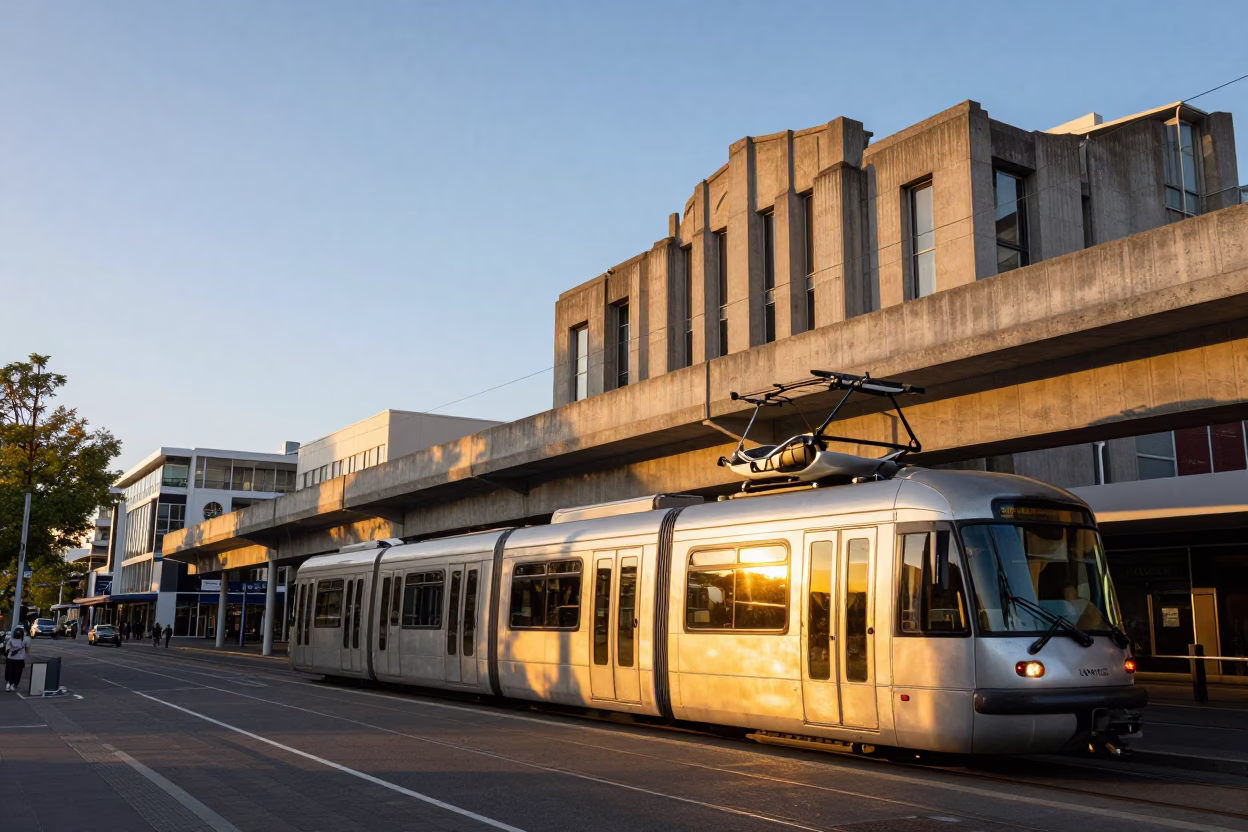 Golden Hour Street Scene in Christchurch New Zealand with Vintage Monorail Reflection in in Christchurch, New Zealand