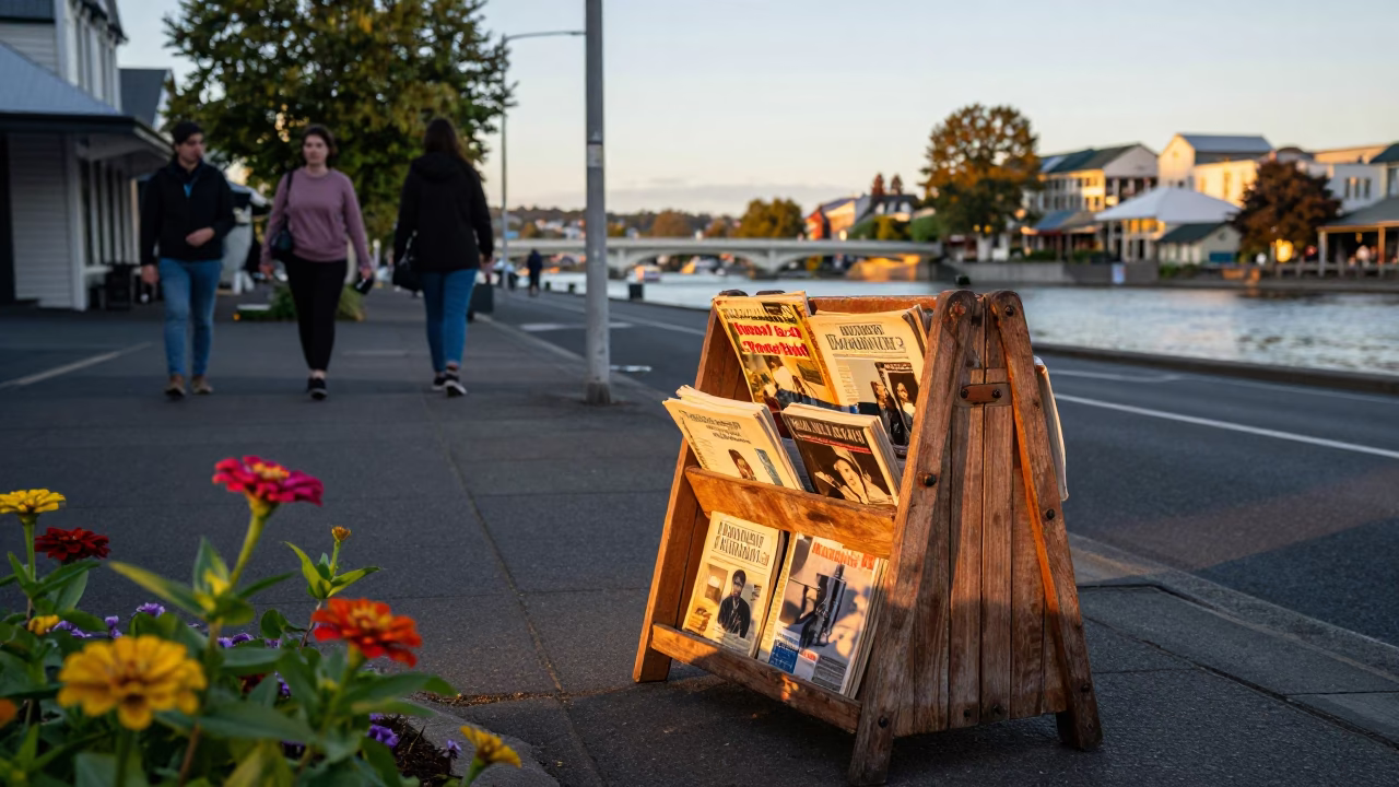 Golden Hour Street Scene in Christchurch New Zealand with Zinnias and Vintage Magazine Rack in in Christchurch, New Zealand