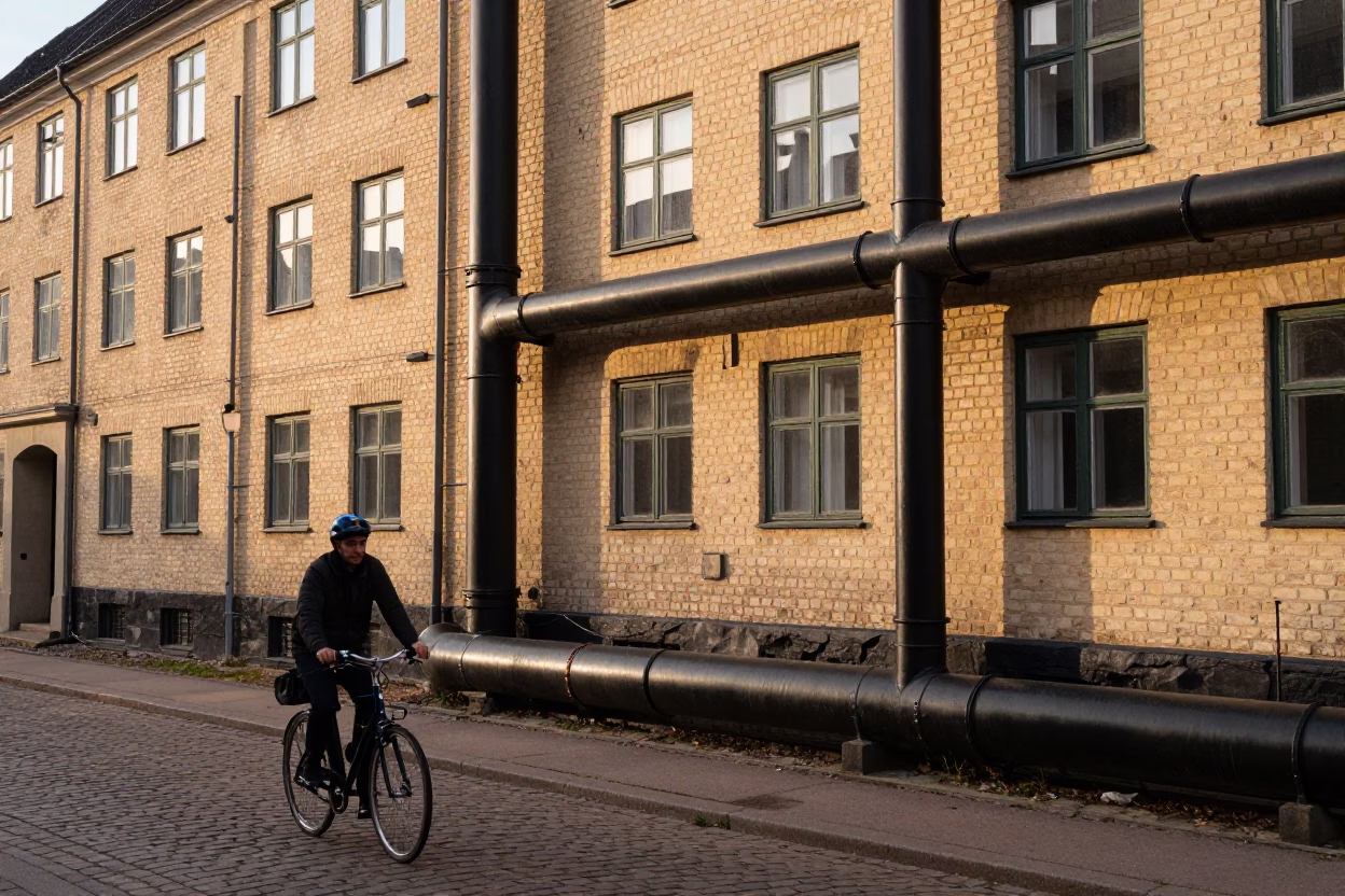 Golden Hour Street Scene in Copenhagen Denmark Featuring District Heating Pipes in in Copenhagen, Denmark