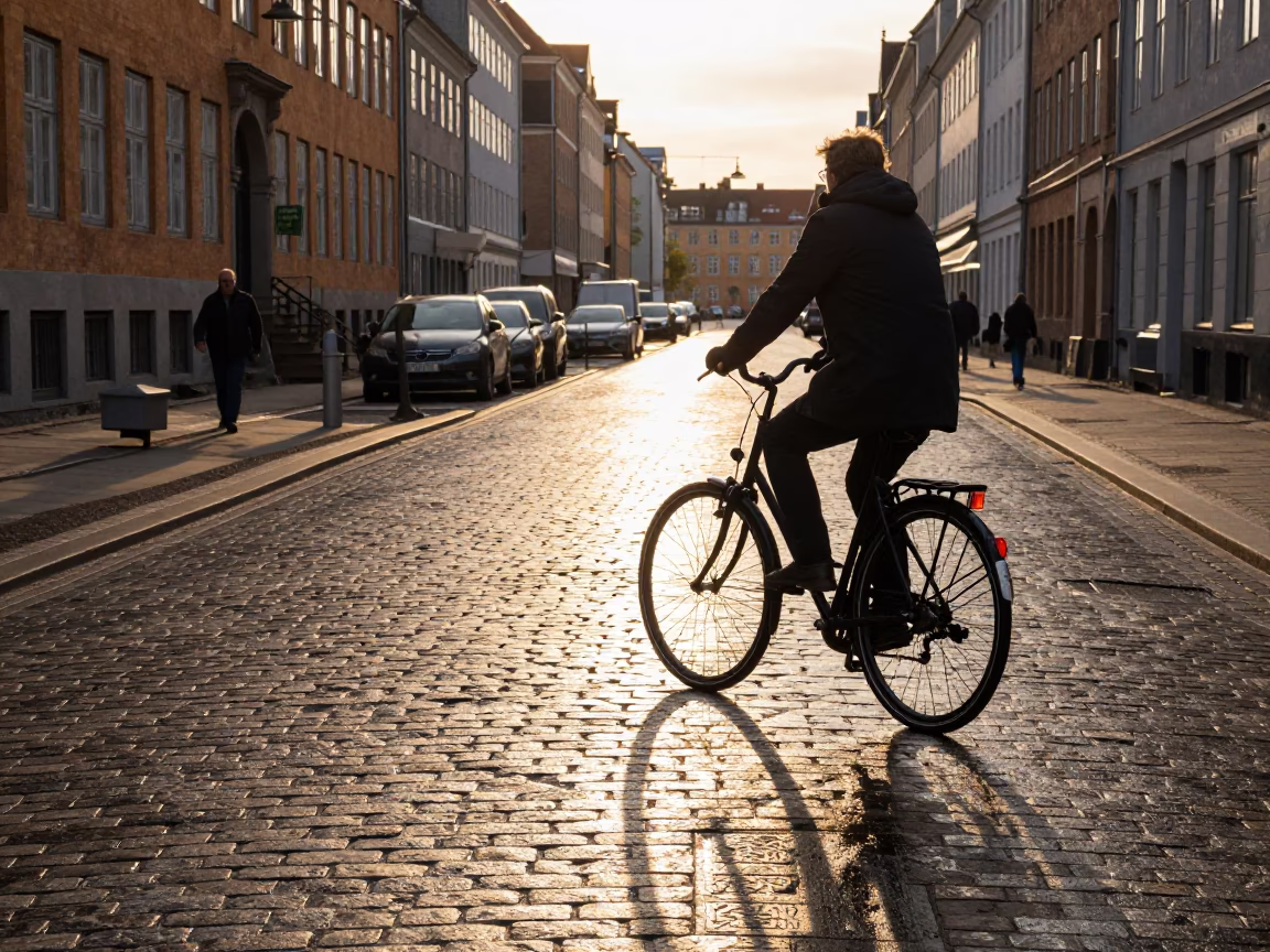 Golden Hour Street Scene in Copenhagen Denmark with Bicycle and Cyclist in in Copenhagen, Denmark