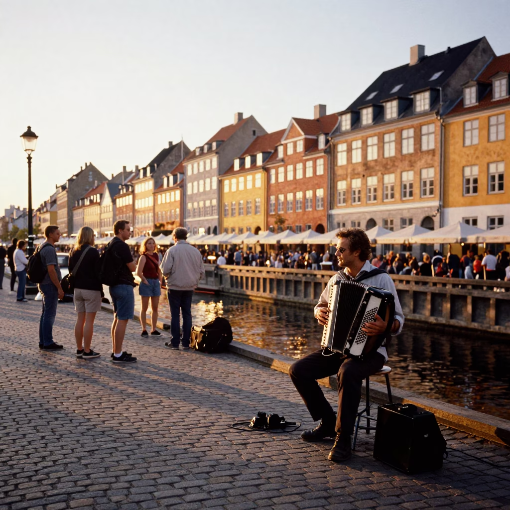 Golden Hour Street Scene in Copenhagen Denmark with Cobblestone Bridge and Accordion Musician in in Copenhagen, Denmark