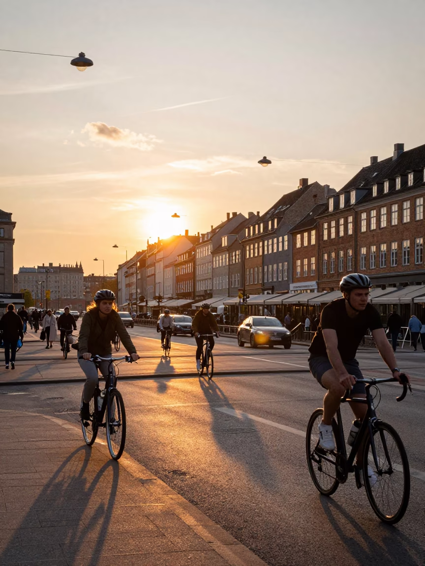 Golden Hour Street Scene in Copenhagen Denmark with Cyclists and Bridge in in Copenhagen, Denmark