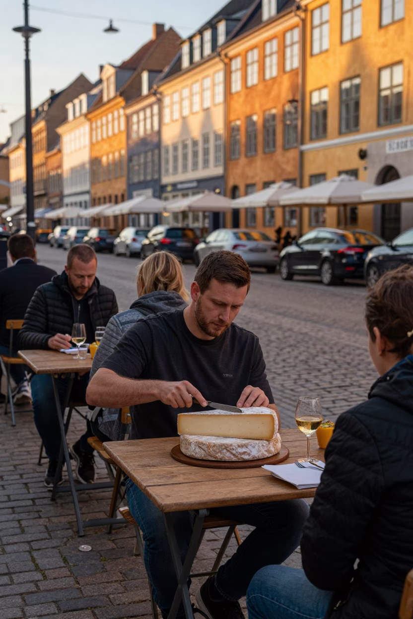 Golden Hour Street Scene in Copenhagen Denmark with Local Dining and Vintage Details in in Copenhagen, Denmark