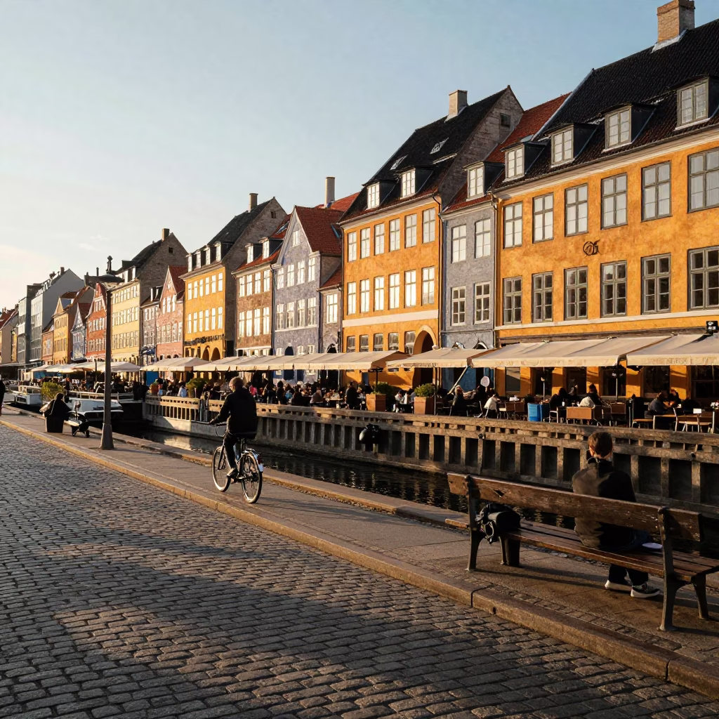 Golden Hour Street Scene in Copenhagen Denmark with Pastries and Urban Life in in Copenhagen, Denmark