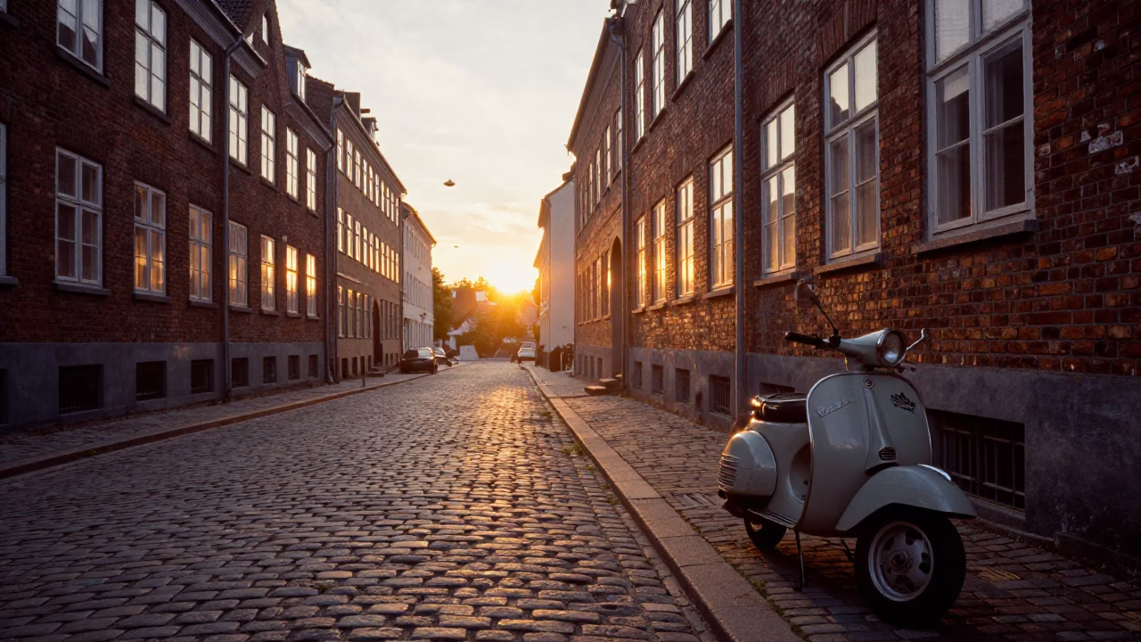 Golden Hour Street Scene in Copenhagen Denmark with Vintage Scooter and Cobblestones in in Copenhagen, Denmark