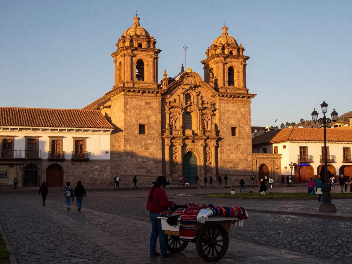 Golden Hour Street Scene in Cusco Peru Colonial Architecture and Daily Life in in Cusco, Peru