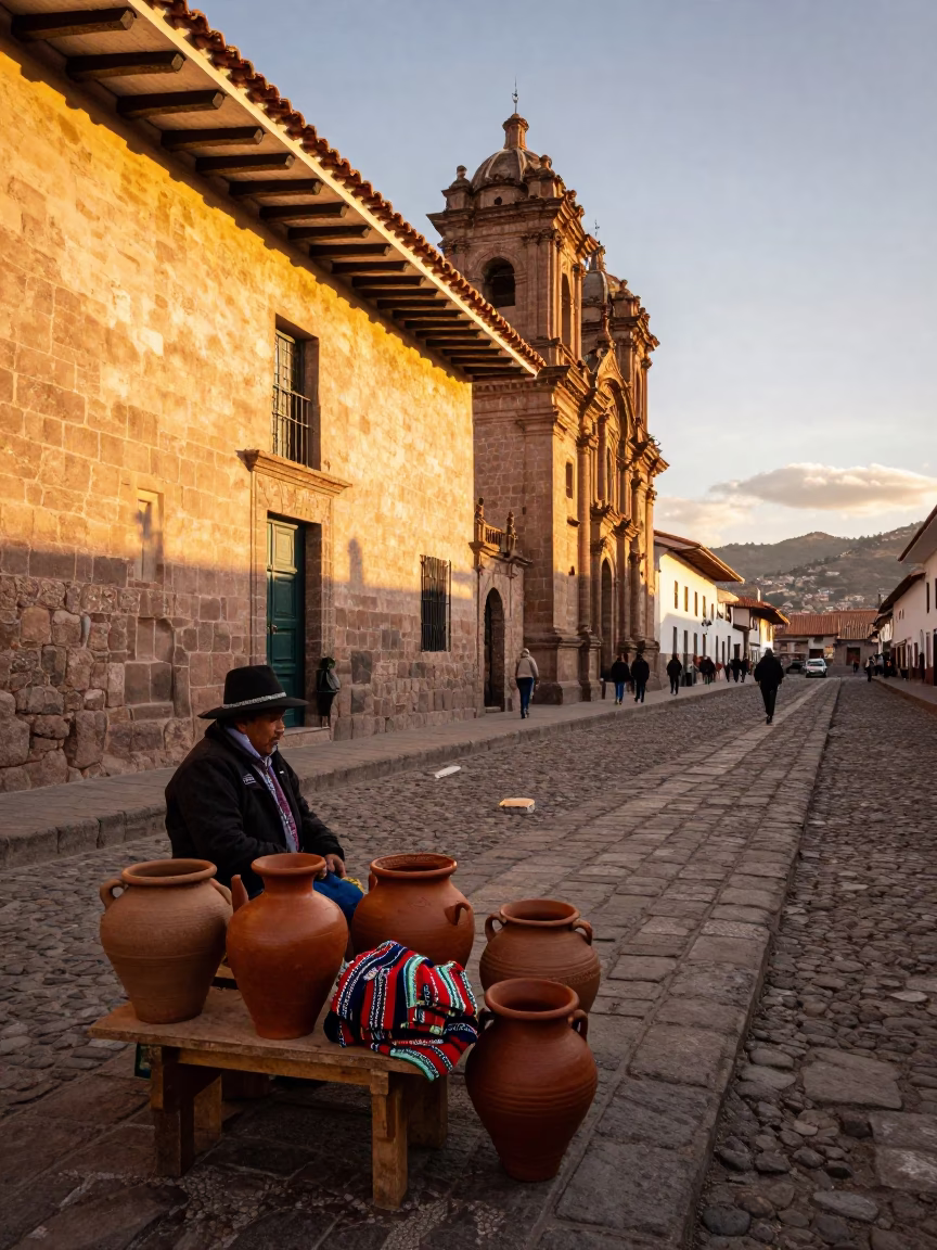 Golden Hour Street Scene in Cusco Peru Featuring Traditional Clay Pots and Textile Details in in Cusco, Peru