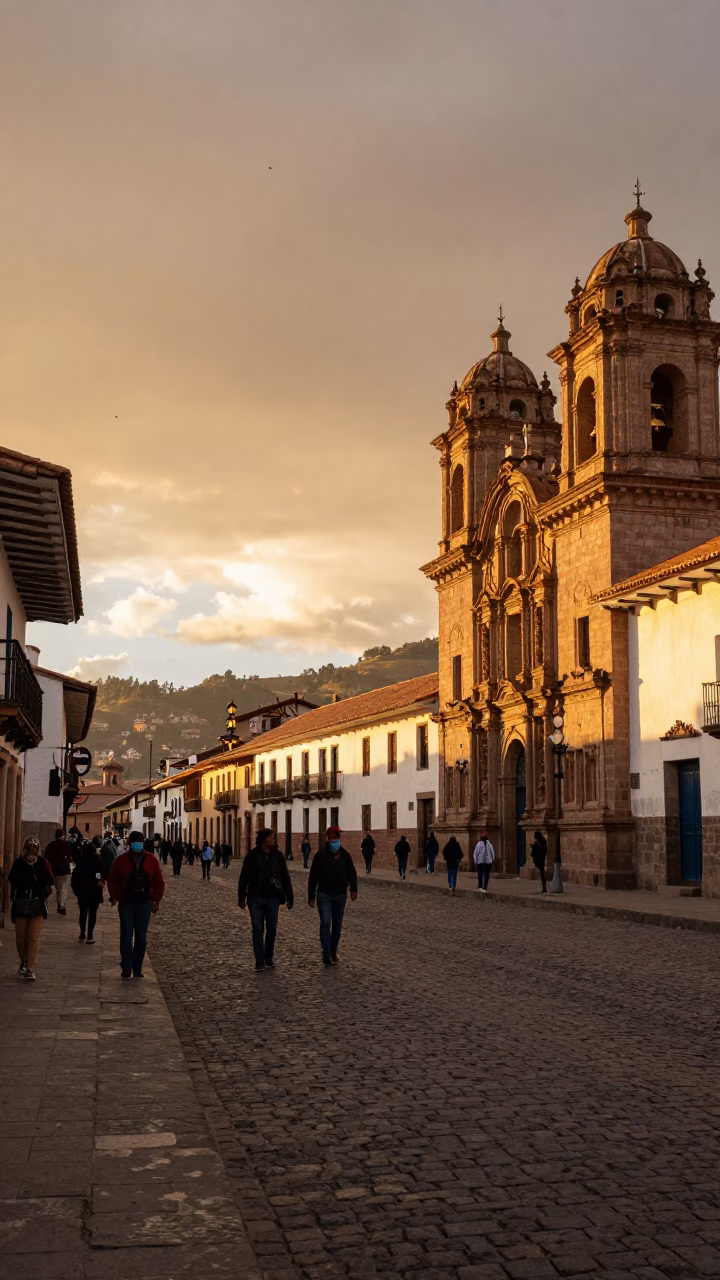 Golden Hour Street Scene in Cusco Peru with Colonial Architecture and Evening Activity in in Cusco, Peru