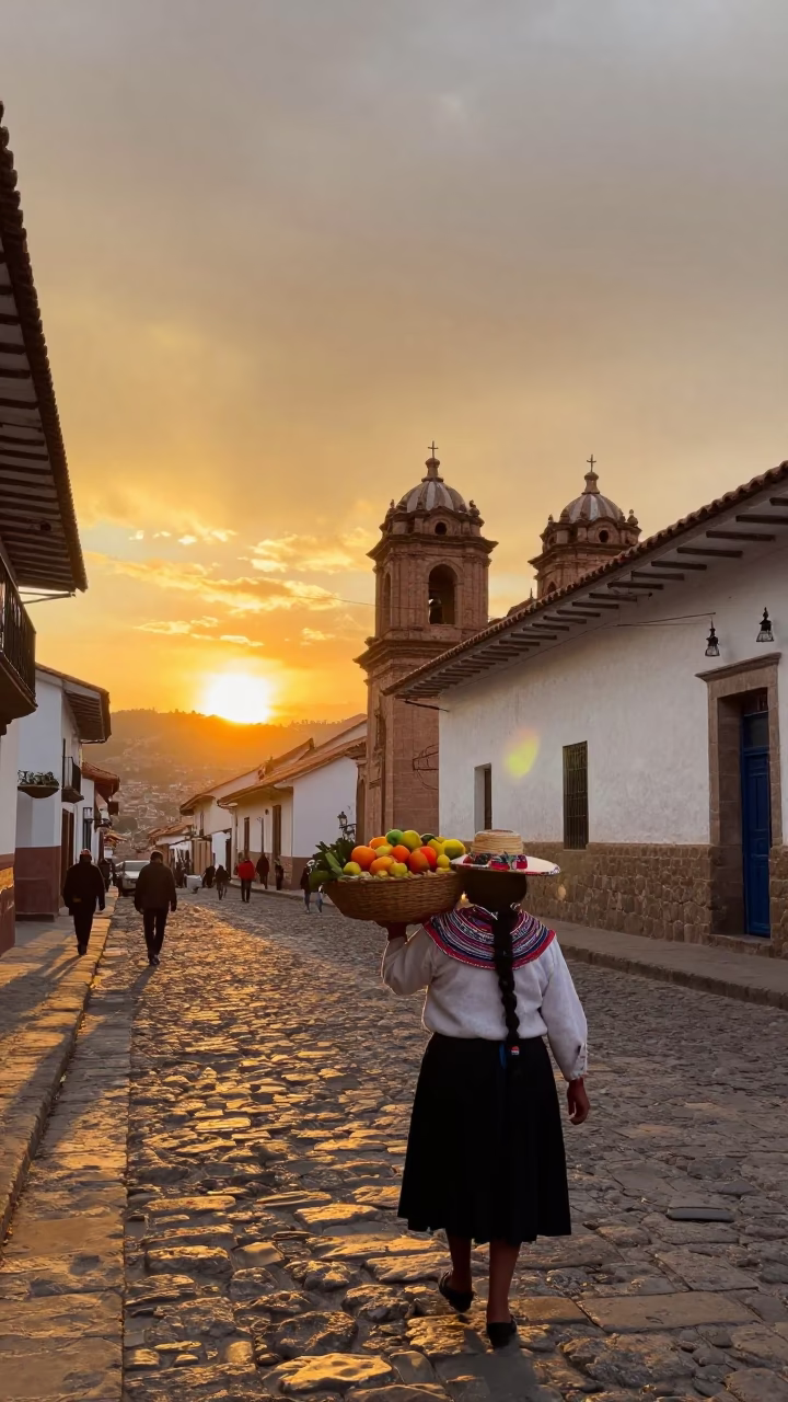 Golden Hour Street Scene in Cusco Peru with Colonial Architecture and Local Life in in Cusco, Peru
