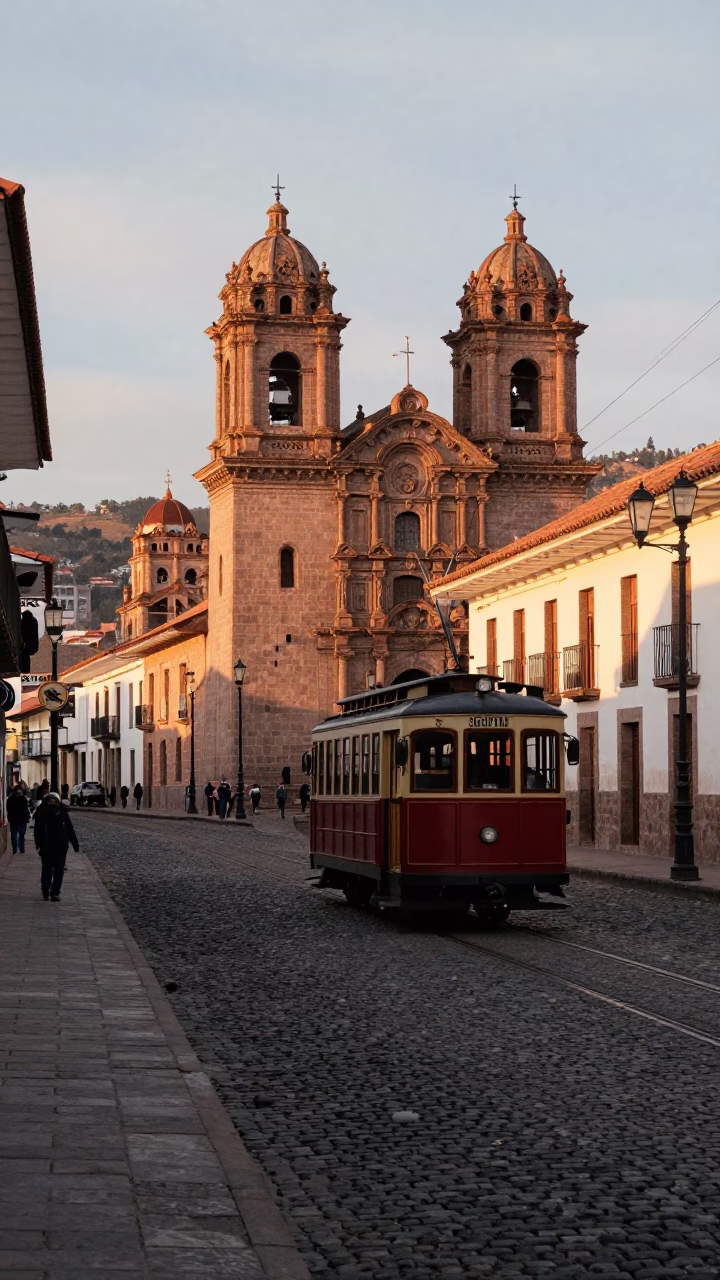 Golden Hour Street Scene in Cusco Peru with Heritage Tram on Cobblestone Avenue in in Cusco, Peru