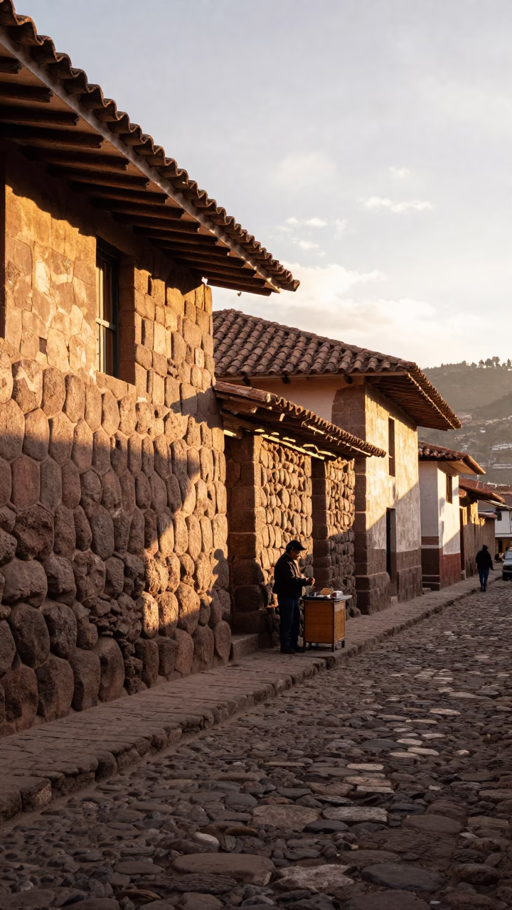 Golden Hour Street Scene in Cusco Peru with Inca Stone Walls and Local Life in in Cusco, Peru