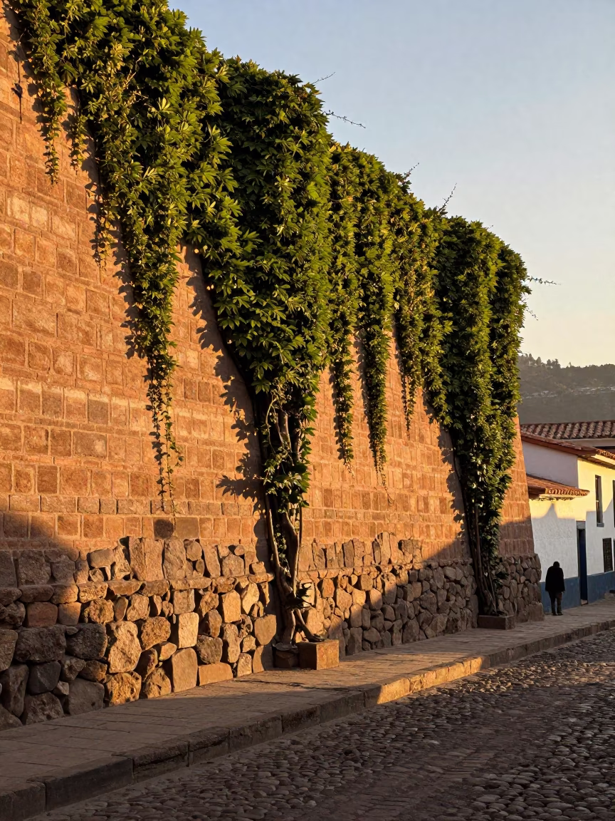 Golden Hour Street Scene in Cusco Peru with Ivy Brick Wall and Local Life in in Cusco, Peru