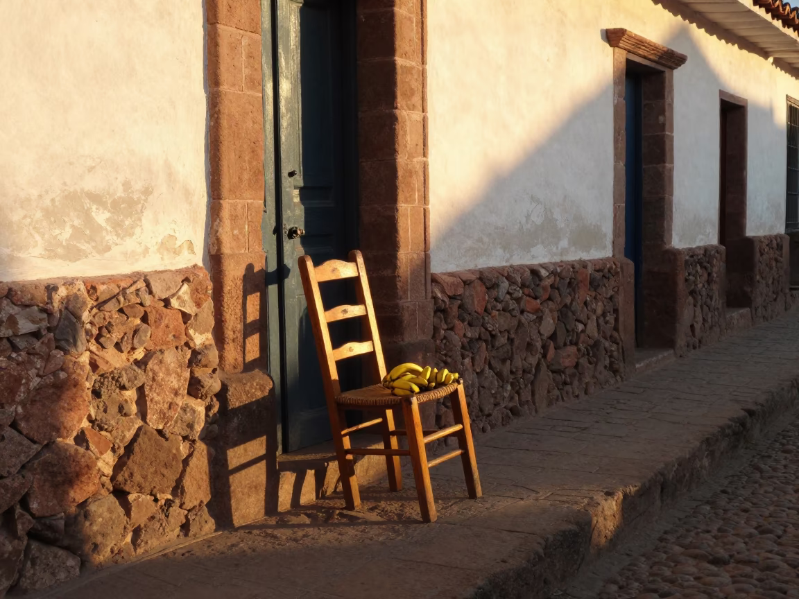 Golden Hour Street Scene in Cusco Peru with Ladder-Back Chair and Bananas in in Cusco, Peru