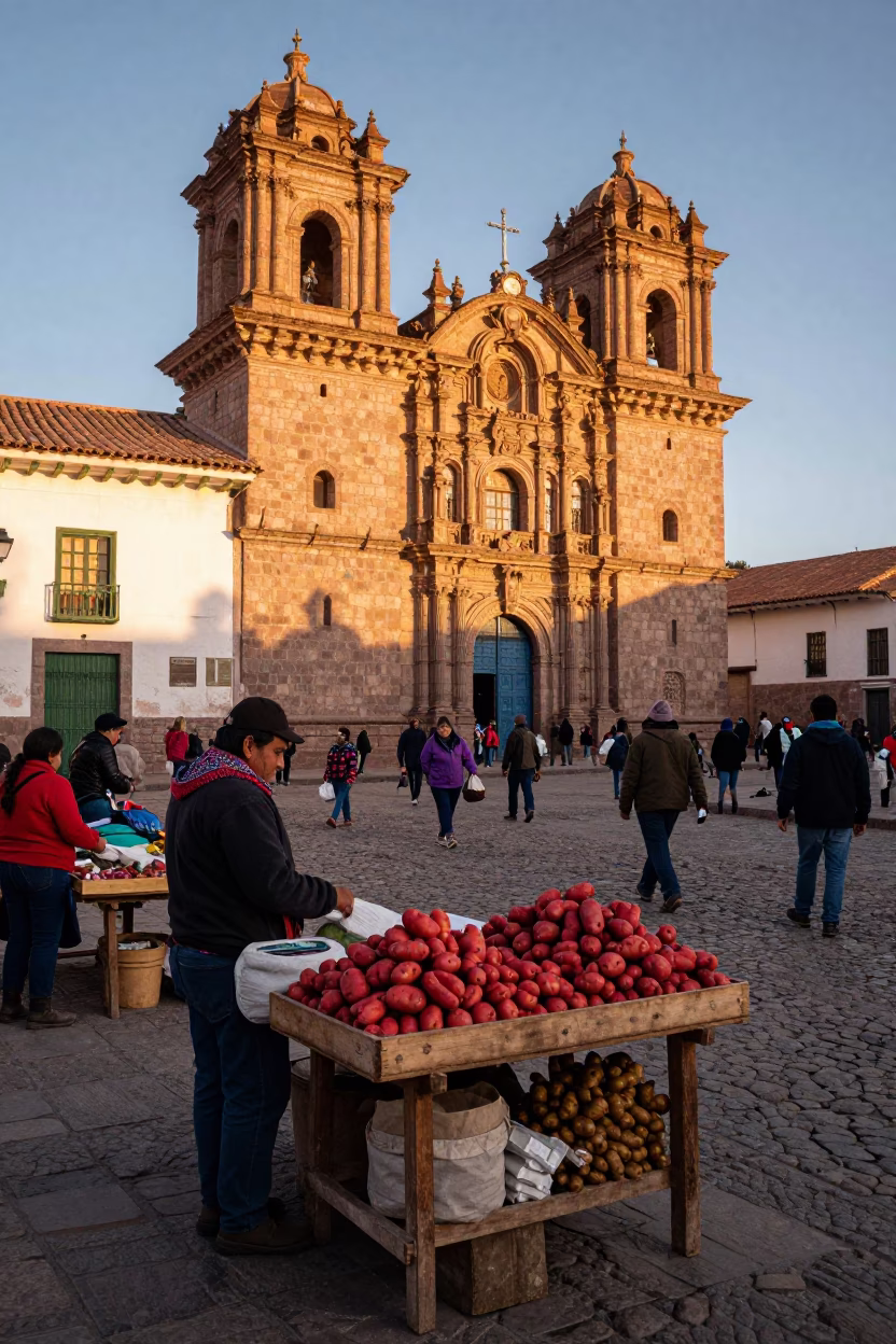 Golden Hour Street Scene in Cusco Peru with Local Market Activity and Traditional Architecture in in Cusco, Peru