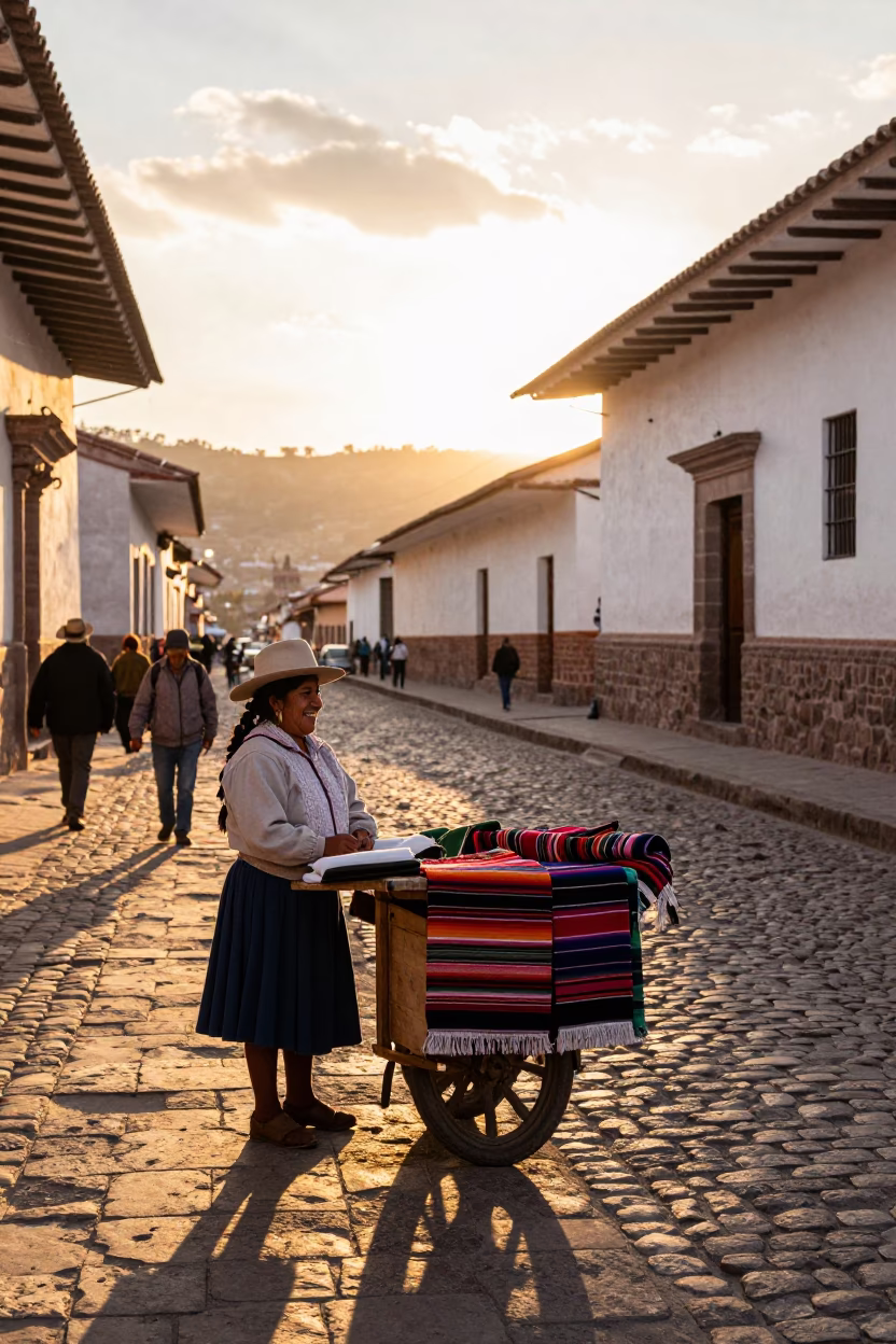 Golden Hour Street Scene in Cusco Peru with Local Vendor and Traditional Textile in in Cusco, Peru