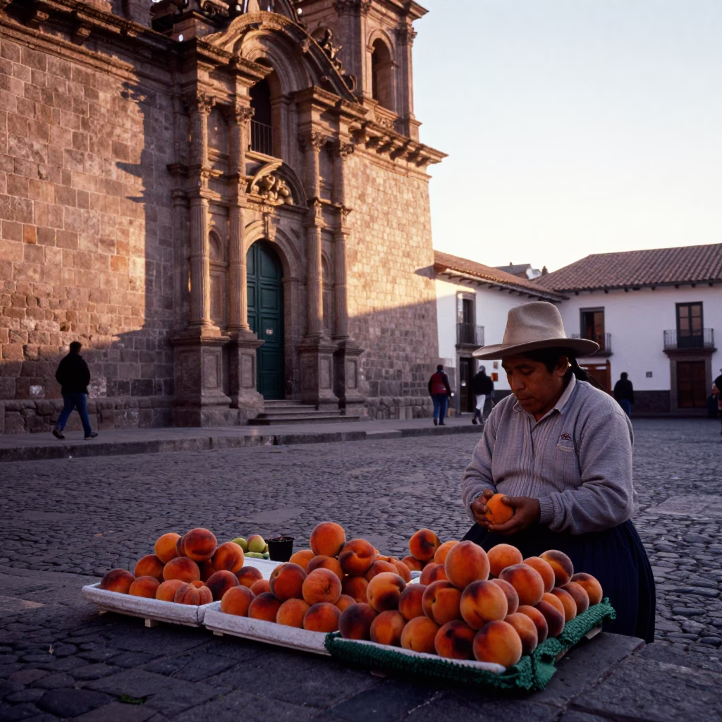 Golden Hour Street Scene in Cusco Peru With Local Vendor Selling Fresh Peaches in in Cusco, Peru