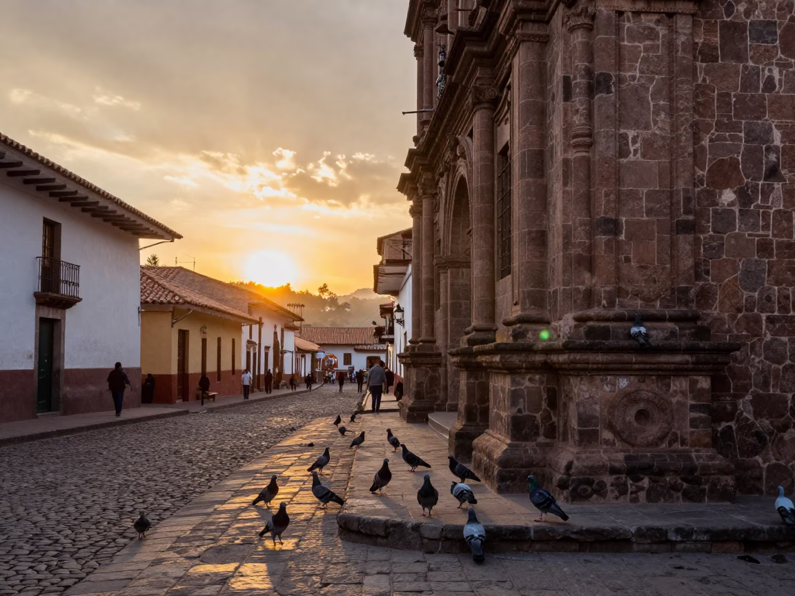 Golden Hour Street Scene in Cusco Peru with Pigeons and Colonial Architecture in in Cusco, Peru