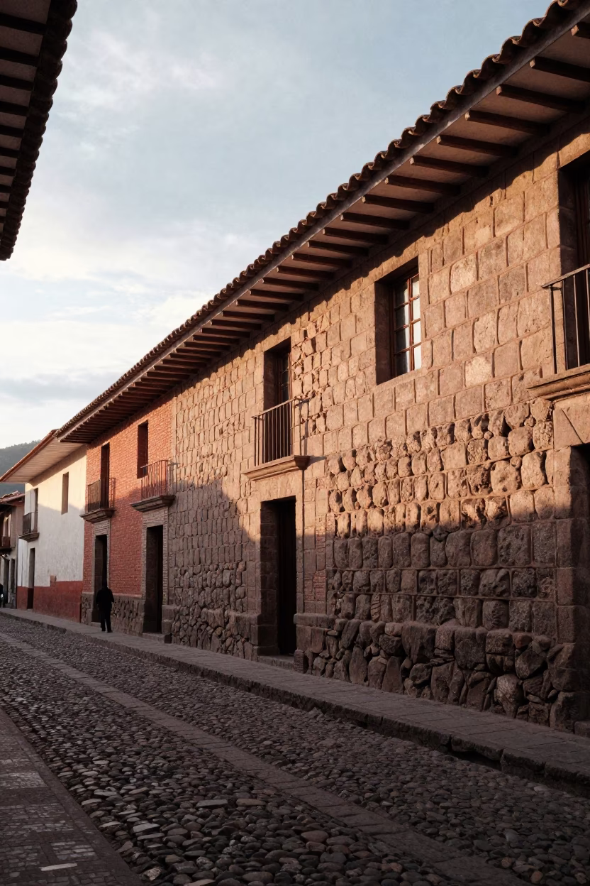 Golden Hour Street Scene in Cusco Peru with Stone Architecture and Local Life in in Cusco, Peru