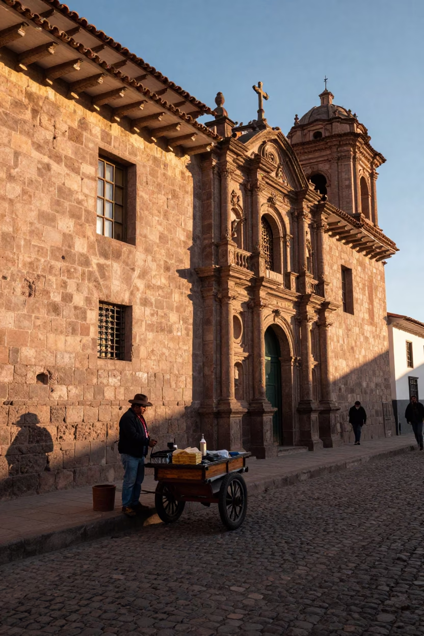Golden Hour Street Scene in Cusco Peru with Stone Architecture and Local Vendor in in Cusco, Peru