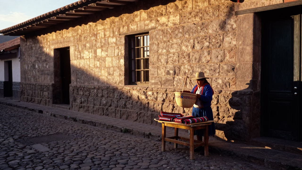 Golden Hour Street Scene in Cusco Peru with Traditional Andean Basket and Stone Architecture in in Cusco, Peru