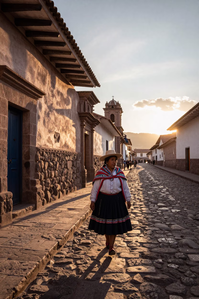 Golden Hour Street Scene in Cusco Peru with Traditional Andean Clothing and Cobblestone Plaza in in Cusco, Peru