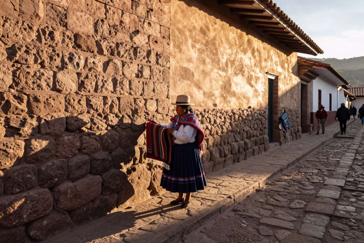 Golden Hour Street Scene in Cusco Peru with Traditional Andean Textiles and Colonial Architecture in in Cusco, Peru