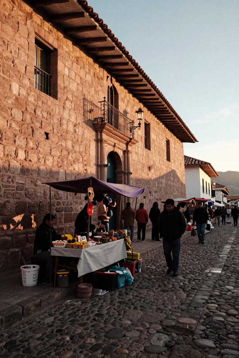 Golden Hour Street Scene in Cusco Peru with Traditional Market Goods and Colonial Architecture in in Cusco, Peru