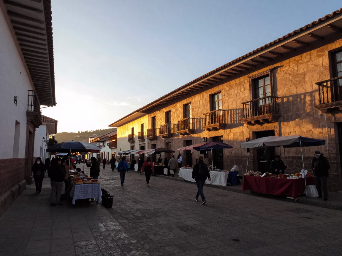 Golden Hour Street Scene in Cusco Peru with Traditional Market Stalls and Local Commerce in in Cusco, Peru