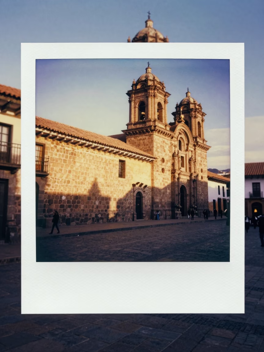 Golden Hour Street Scene in Cusco Peru with Traditional Stone Architecture and Local Life in in Cusco, Peru