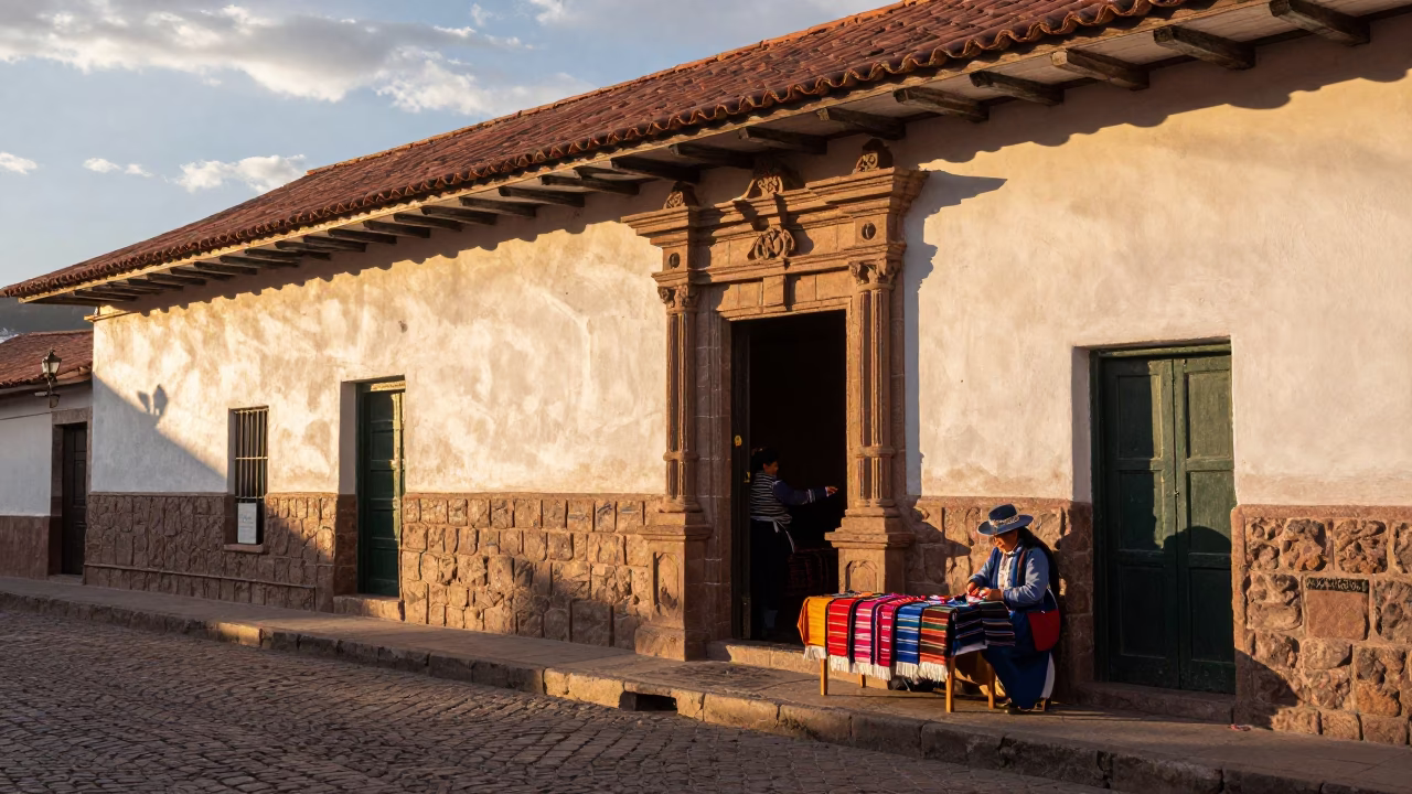 Golden Hour Street Scene in Cusco Peru with Traditional Textiles and Stone Architecture in in Cusco, Peru