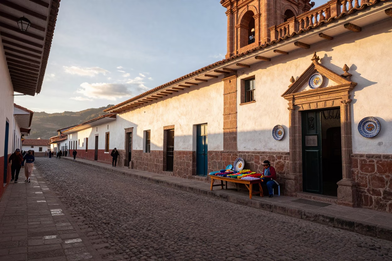 Golden Hour Street Scene in Cusco Peru with Vintage Majolica Plate and Local Life in in Cusco, Peru
