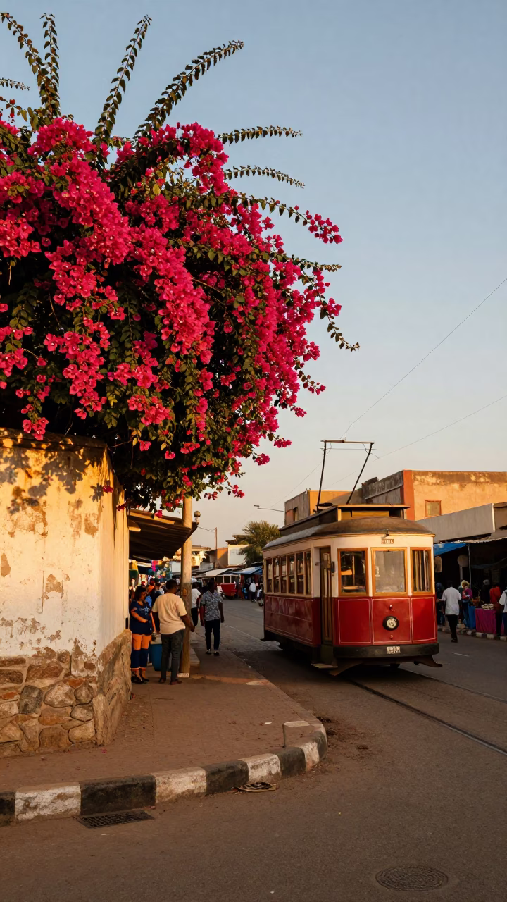 Golden Hour Street Scene in Dakar Senegal with Bougainvillea and Vintage Funicular in in Dakar, Senegal