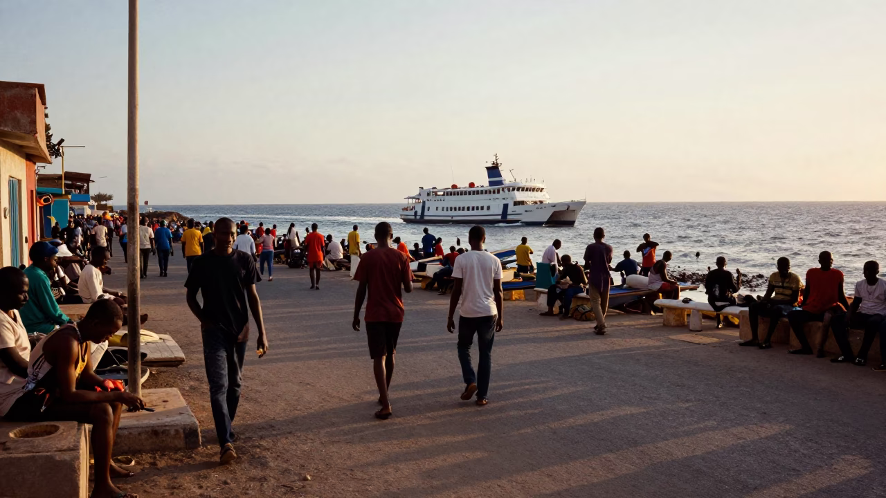 Golden Hour Street Scene in Dakar Senegal with Catamaran Ferry and Local Life in in Dakar, Senegal