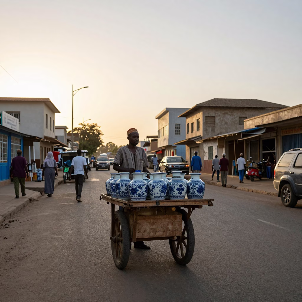 Golden Hour Street Scene in Dakar Senegal with Local Vendor and Porcelain Jars in in Dakar, Senegal